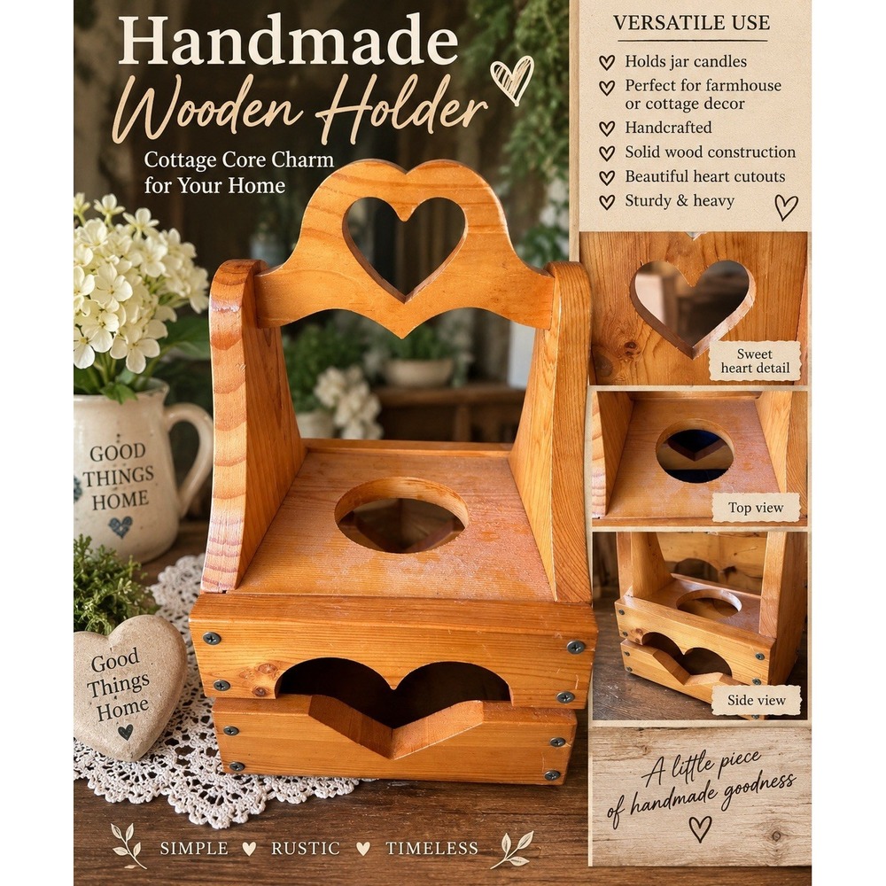 Vintage Wood Caddy Heart Cut-Out Box Candle 90s Country Handmade Planter Handmad